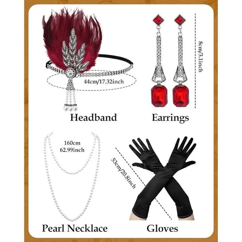 ❤️✨ 4PCS 1920s Red Accessories Flapper Great Gatsby Retro Costume Set NEW